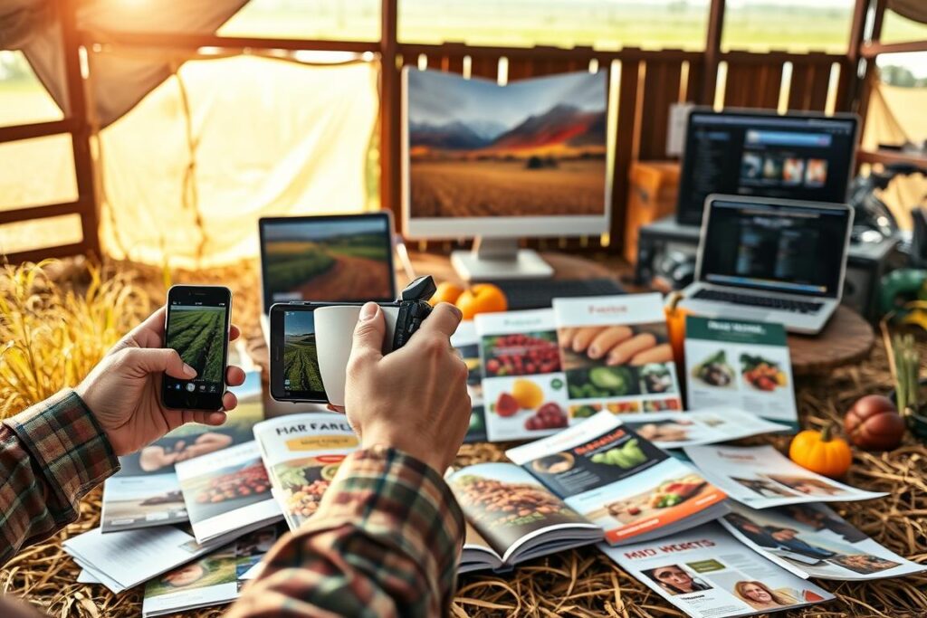 A well-lit rural scene showcasing an array of modern agricultural marketing tools. In the foreground, a farmer's hands skillfully handle a smartphone, tablet, and digital camera. In the middle ground, various printed materials like brochures, flyers, and posters are displayed, each highlighting vibrant farm imagery and product information. In the background, a laptop and desktop computer monitor the analytics and social media presence of the farm's marketing campaigns. The warm, natural lighting and earthy tones create an inviting, productive atmosphere, conveying the versatility and technological integration of contemporary rural marketing practices.