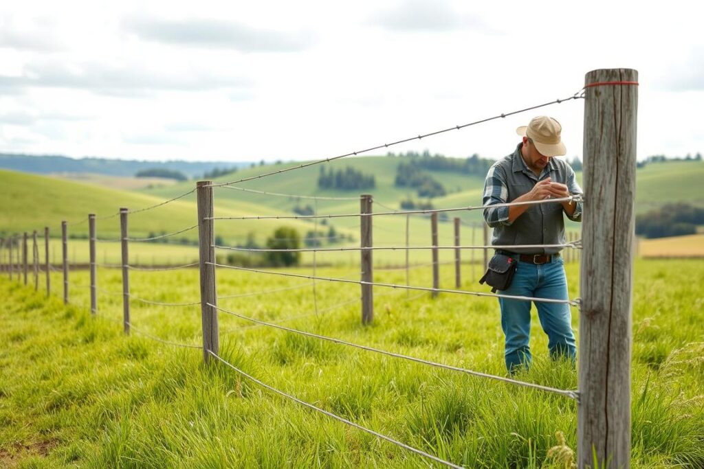 A well-maintained electric fence system in a small rural property, with a worker inspecting and repairing the fence. The foreground shows the worker carefully checking the fence posts and wires, ensuring they are secure and in good condition. The middle ground features the electric fence itself, with clear insulators and sturdy posts, running through a lush, green pasture. In the background, rolling hills and a bright, overcast sky create a serene, peaceful atmosphere. The lighting is natural, with soft, diffused illumination from the clouds. The overall scene conveys the importance of regular maintenance and monitoring for an effective electric fence system that protects the property.