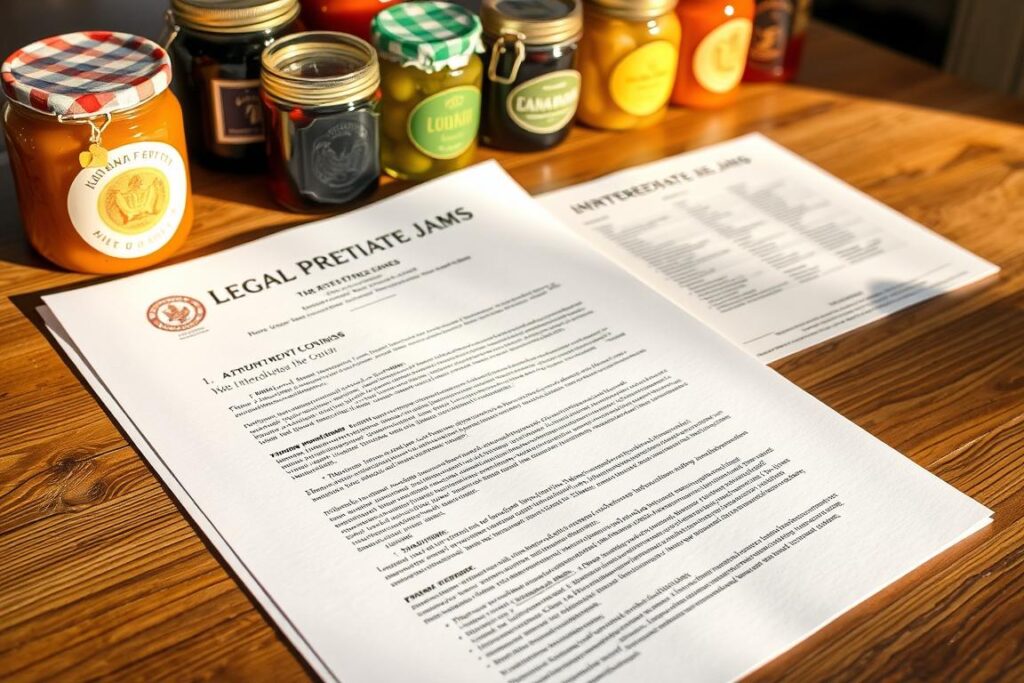 A well-organized, meticulously detailed document laid out on a wooden table, with a warm, natural lighting casting soft shadows. The document showcases the legal requirements and guidelines for interstate sales of artisanal jams, its pages filled with carefully typed text and official seals. In the background, a variety of homemade jars of assorted fruit preserves, their vibrant colors and handcrafted labels hinting at the quality and care put into their production. The overall scene conveys a sense of professionalism, compliance, and the passion behind transforming excess produce into premium, marketable products.