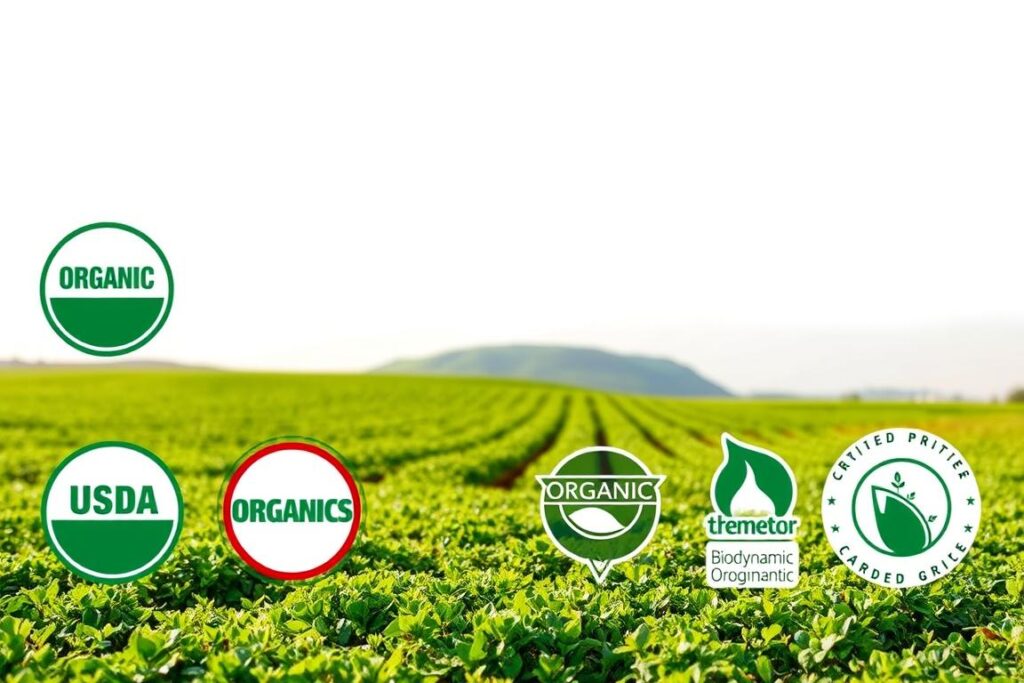 An organic and agroecological certification image with a clean, modern, and informative aesthetic. In the foreground, various organic seals and labels, including the USDA Organic, Demeter Biodynamic, and other regional certifications, are prominently displayed against a neutral, minimalist background. In the middle ground, a lush, verdant field of diverse crops and plants, representing the principles of agroecology, is captured with soft, natural lighting. In the background, a serene, rolling landscape with hills or mountains subtly hints at the connection between the certified products and the local, sustainable environment. The overall composition conveys a sense of quality, authenticity, and the responsible stewardship of the land.