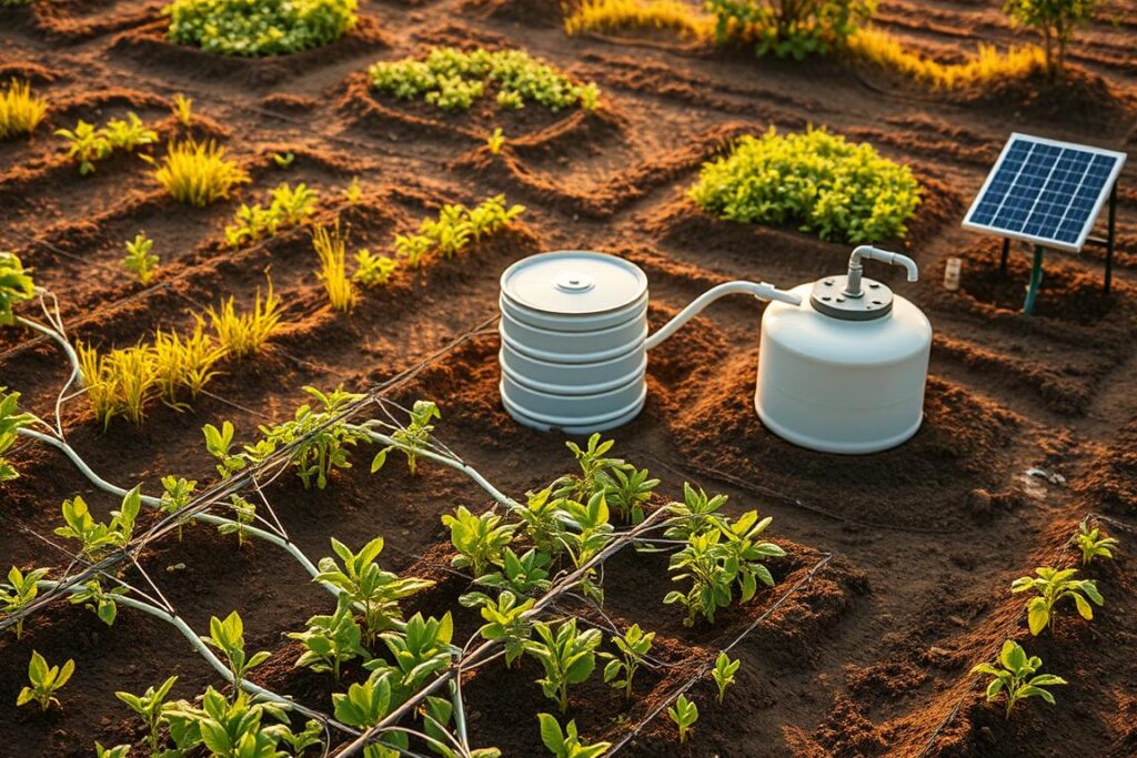 Detailed aerial view of an efficient irrigation system for small-scale farming, showcasing a range of accessible technologies. In the foreground, a network of low-cost drip irrigation lines deliver water precisely to the crop roots. In the middle ground, a simple rainwater harvesting system with a storage tank collects and stores precious water resources. In the background, a solar-powered water pump draws from a shallow well, providing a sustainable, off-grid water source. The scene is bathed in warm, natural lighting, conveying a sense of practicality and self-sufficiency that would benefit a small producer striving for regenerative agriculture.