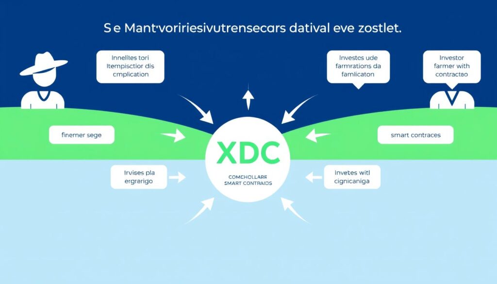 Diagrama explicativo mostrando como a XDC Network conecta pequenos fazendeiros diretamente com investidores através de contratos inteligentes
