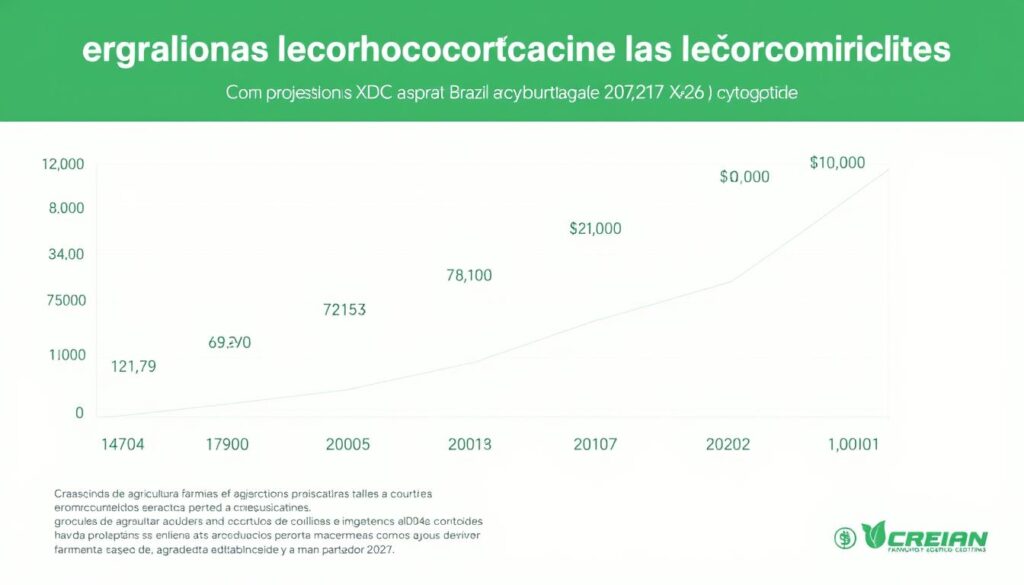 Gráfico mostrando projeções de crescimento do uso de criptomoedas agrícolas por pequenos fazendeiros brasileiros até 2027