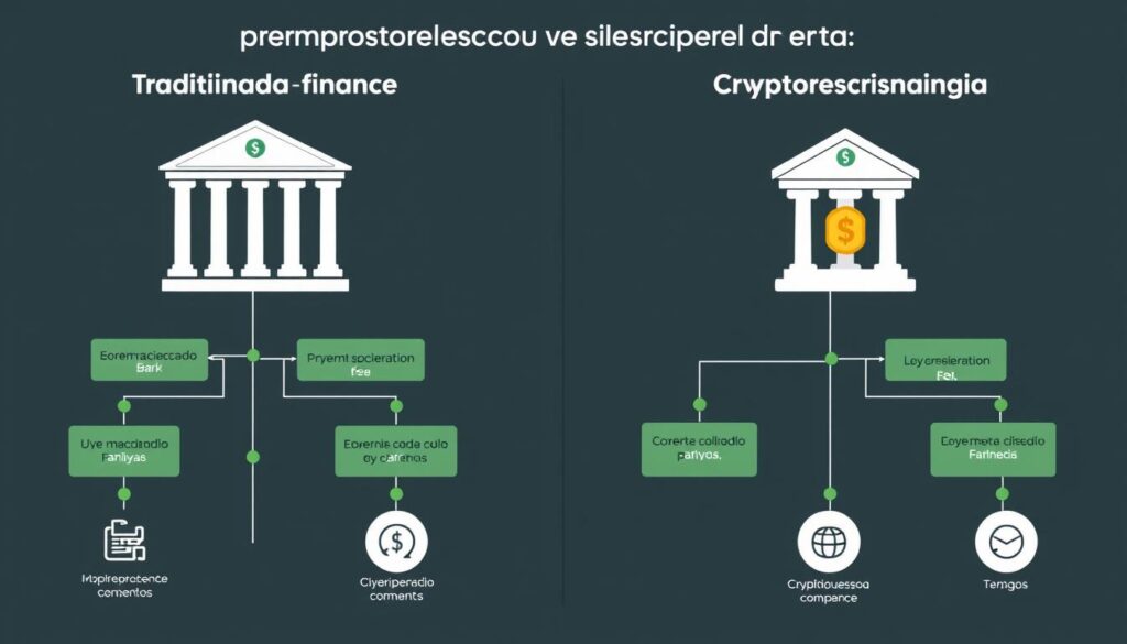 Infográfico comparando o processo de financiamento tradicional versus via criptomoedas agrícolas para pequenos fazendeiros