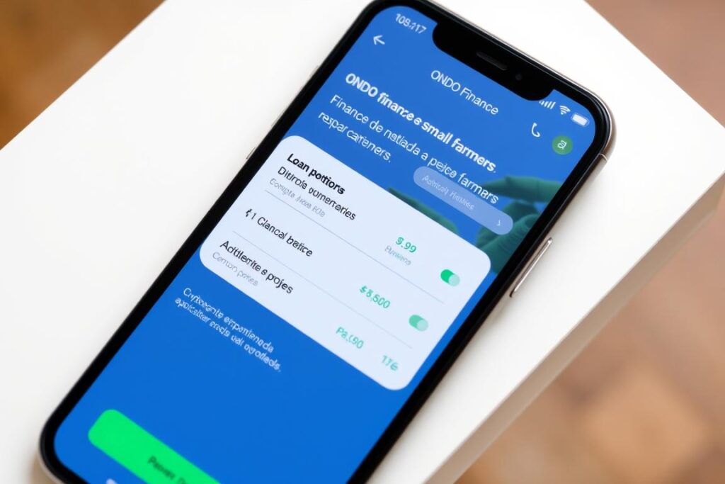 Interface do aplicativo ONDO Finance mostrando opções de financiamento para pequenos fazendeiros com criptomoedas agrícolas