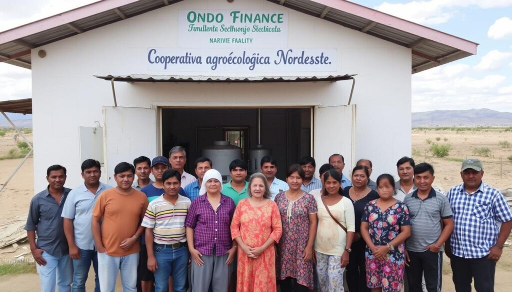 Membros da Cooperativa Agroecológica Nordeste reunidos em sua unidade de processamento financiada através da plataforma ONDO Finance