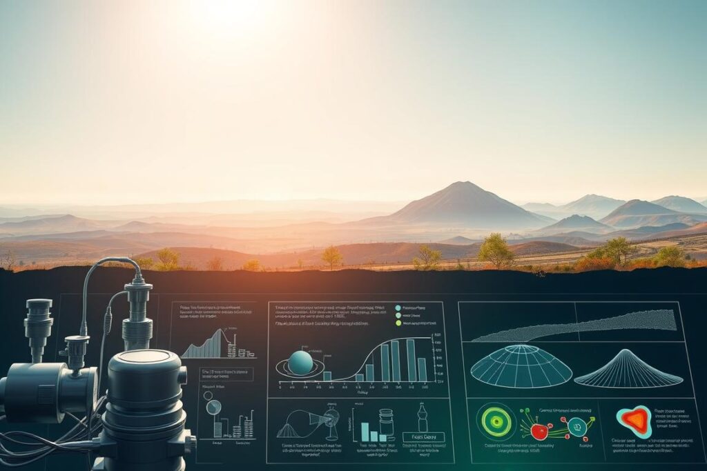Meticulously rendered illustration showcasing methodologies for carbon quantification. Detailed diagrams depicting various carbon capture and measurement techniques in a clean, scientific style. Foreground features precise instrumentation and diagnostic tools, midground highlights data visualization and analytical models, background depicts a serene, minimalist landscape. Bright, natural lighting accentuates the technical precision and environmental context. Conveys a sense of technical rigor, environmental stewardship, and scientific inquiry.