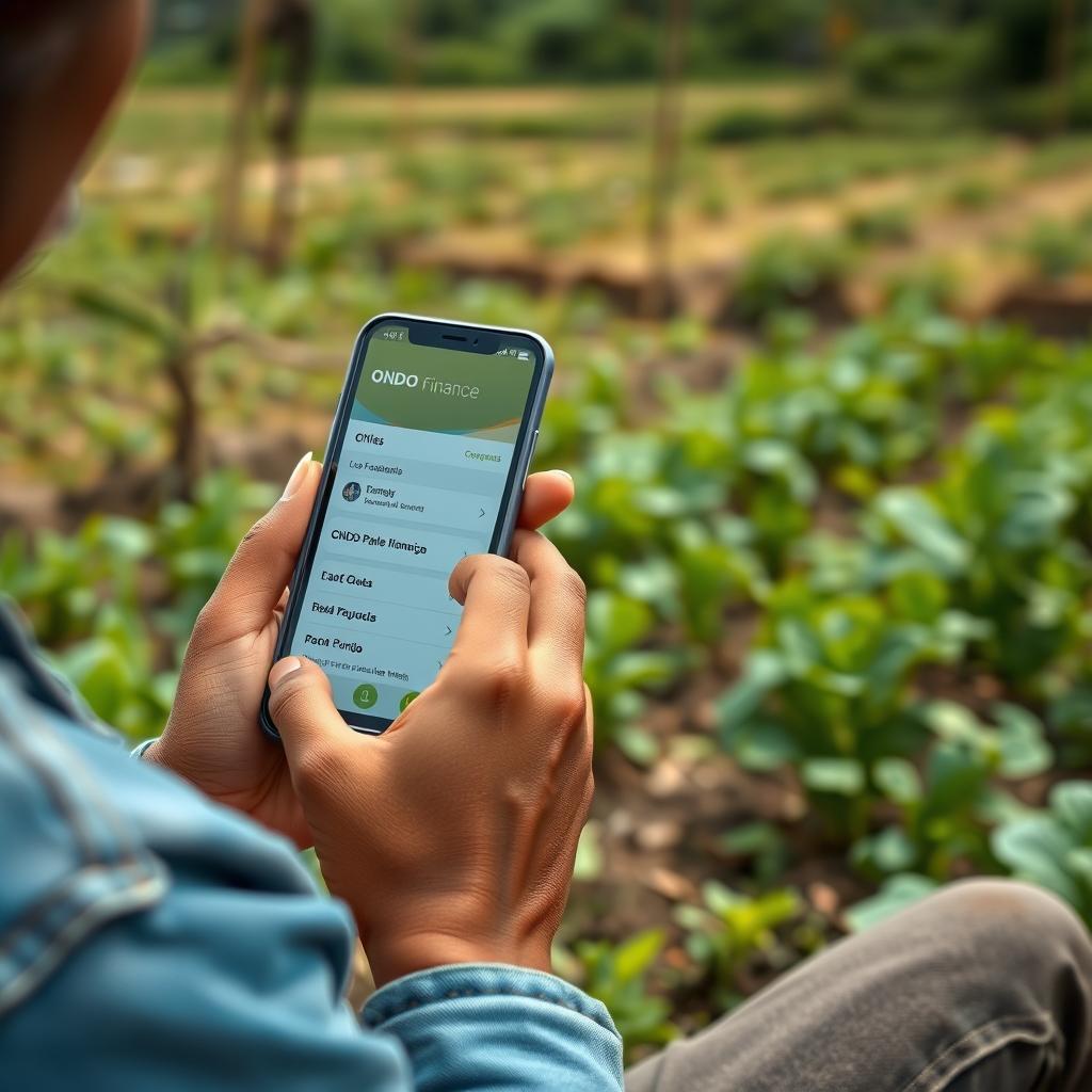 Pequena fazendeira utilizando o aplicativo ONDO Finance em seu smartphone para solicitar financiamento para sua propriedade de 2 hectares