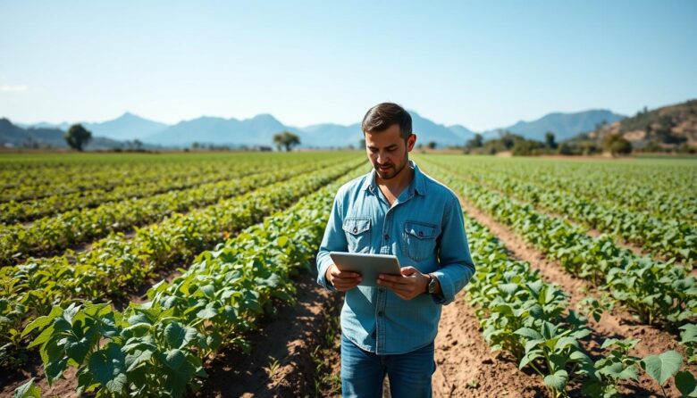 Pequeno fazendeiro utilizando aplicativo de criptomoedas agrícolas em um tablet enquanto observa sua plantação de 2 hectares