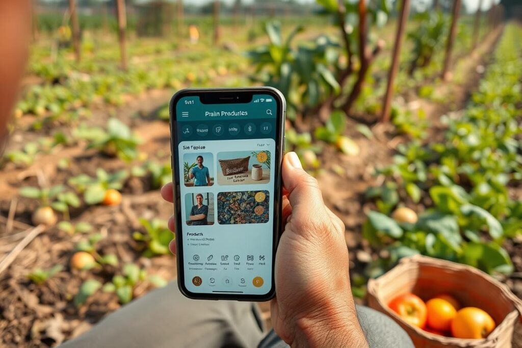 Pequeno fazendeiro utilizando smartphone para acessar marketplace descentralizado baseado em blockchain para vender produtos diretamente aos consumidores