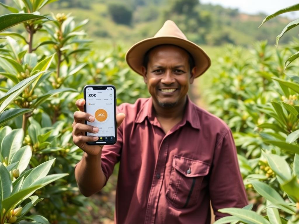 Pequeno produtor de café mostrando sua plantação de 4 hectares financiada através de criptomoedas agrícolas XDC