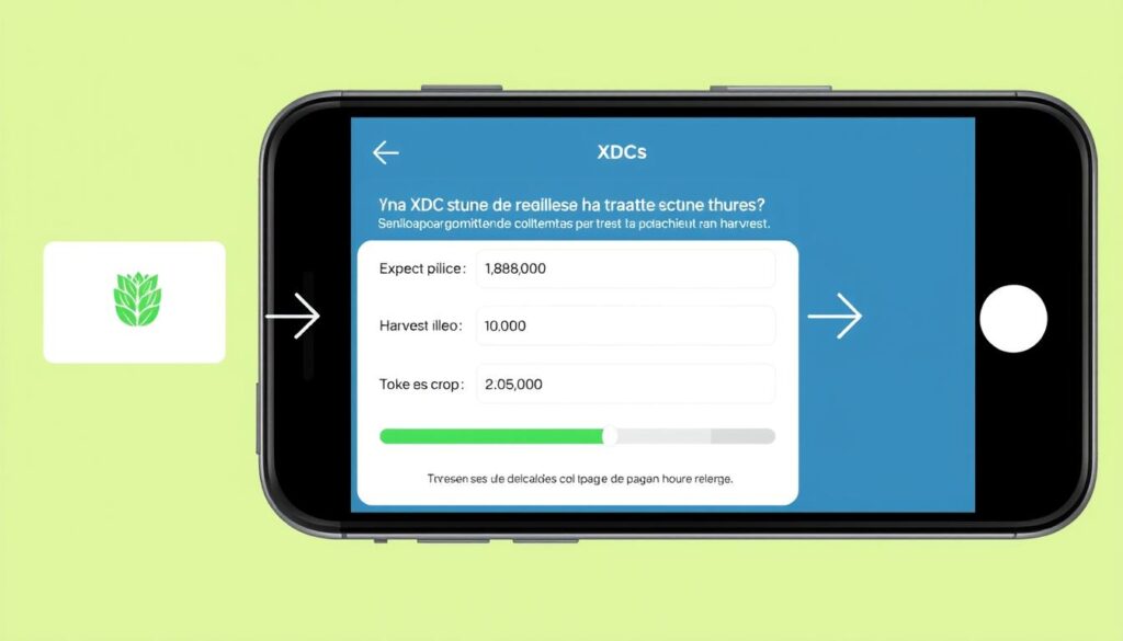 Tela do aplicativo mostrando o processo de tokenização de safra futura na plataforma XDC para pequenos fazendeiros
