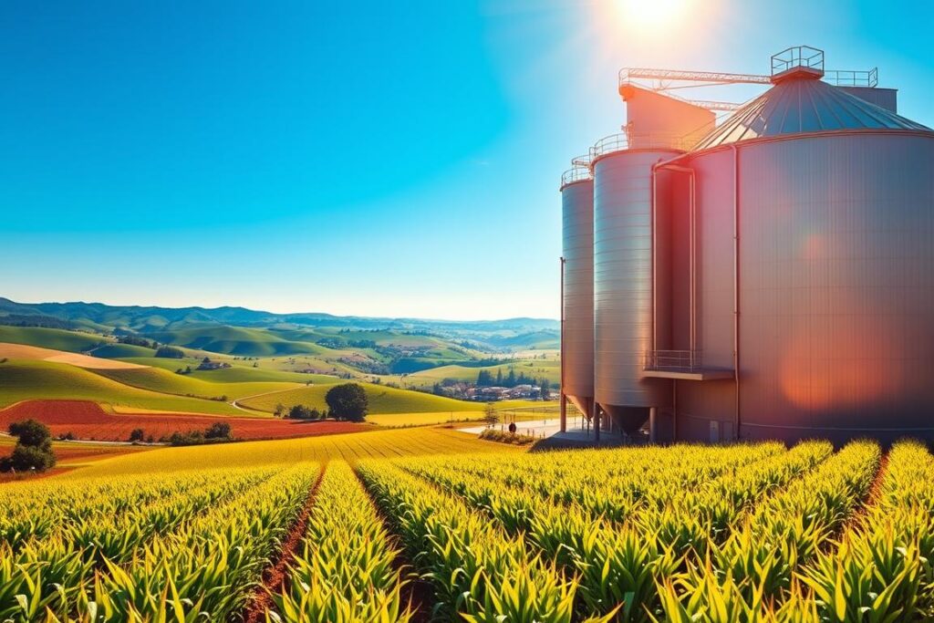 Tokenização de Ativos Agrícolas: A vast, verdant landscape unfolds, dotted with rolling hills and lush farmland. In the foreground, a sleek, modern building stands, its gleaming facade reflecting the sunlight. Towering silos and storage facilities flank the structure, symbolizing the storage and processing of agricultural commodities. The middle ground features rows of healthy, thriving crops swaying gently in the breeze, representing the bountiful harvest. In the background, a clear blue sky stretches overhead, imbuing the scene with a sense of prosperity and abundance. Warm, golden lighting illuminates the scene, casting a soft, inviting glow over the entire composition. The overall impression conveys the seamless integration of technology, agriculture, and finance, highlighting the potential of tokenized agricultural assets.
