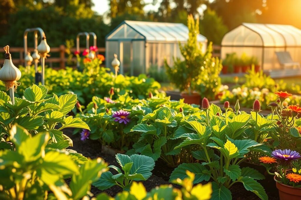 Vibrant garden scene depicting eco-friendly pest management techniques. In the foreground, organic pest repellents like garlic, neem oil, and diatomaceous earth are being applied to lush, flourishing crops. The middle ground showcases companion planting of diverse flora attracting beneficial insects that prey on pests. In the background, a small-scale greenhouse or raised beds demonstrate low-cost, sustainable infrastructure. Warm, golden sunlight filters through, casting soft shadows and a tranquil atmosphere. The scene radiates an ethos of regenerative, pocket-friendly pest control accessible to small-scale producers.