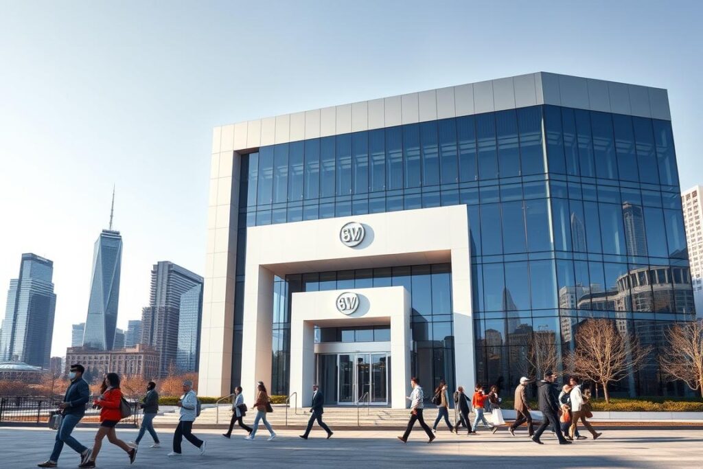 a large modern bank building with a sleek, minimalist architectural design, standing tall against a backdrop of a bustling city skyline. The building is constructed with glass and steel, reflecting the sky and surrounding skyscrapers. The entrance is flanked by clean, geometric shapes and a prominent logo, conveying a sense of efficiency and professionalism. In the foreground, a group of people are walking past the bank, representing the diverse clientele it serves. The overall scene evokes a feeling of progress, innovation, and the evolving nature of the traditional banking system.