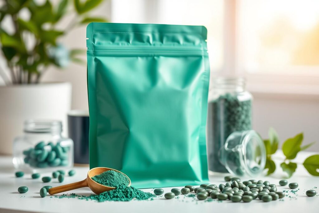 A clean, modern packaging design for spirulina supplements, prominently featuring a sleek, matte green bag with accents of vibrant turquoise. In the foreground, the bag is displayed upright with its resealable top open, revealing a small scoop next to it filled with spirulina powder. The middle ground includes scattered spirulina tablets and a clear glass jar showcasing the vibrant blue-green color of the spirulina. The background is softly blurred, featuring a bright, natural light setting that evokes a fresh and healthy lifestyle. The overall mood is inviting and professional, ideal for conveying the concept of natural supplements. The composition is captured from a slightly elevated angle to provide a thorough view of the product while maintaining a clean aesthetic.