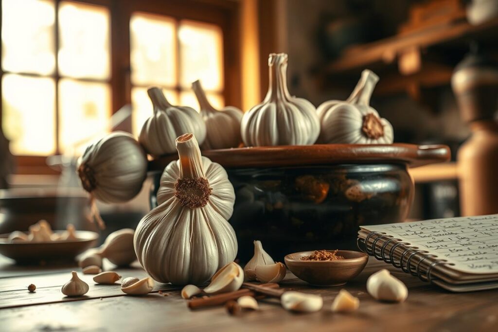 A close-up scene capturing the fermentation process of garlic, showcasing whole heads of garlic placed in a traditional clay pot. The pot is filled with dark, rich soy sauce or brine, with bubbles forming at the surface, indicating fermentation. In the background, soft golden light filters through a rustic kitchen window, creating a warm, inviting atmosphere. A wooden table is in the foreground, adorned with scattered garlic cloves, a small bowl of spices, and a notebook with handwritten notes about the fermentation steps. The composition should have a shallow depth of field, blurring the background slightly to emphasize the garlic and pot in focus. The mood should be warm and homely, reflecting the craft of traditional food preservation.