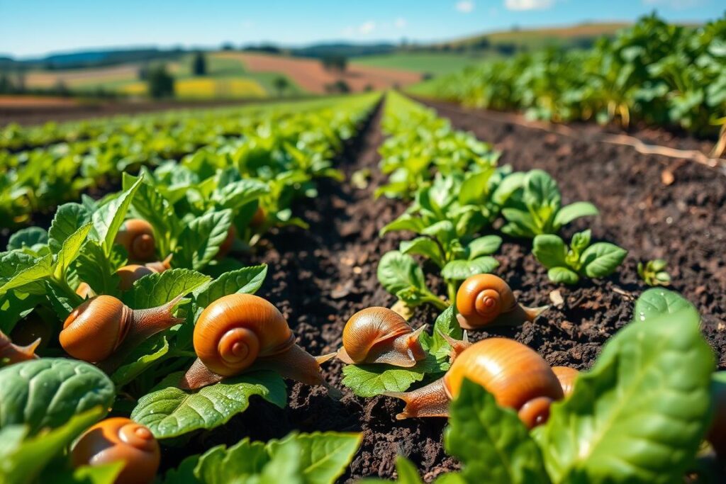 A close-up view of a vibrant, lush organic escargot farm in a sunny rural setting. In the foreground, plump escargot snails are slowly crawling over green, dewy leaves, showcasing their glossy shells with subtle shades of brown and green. In the middle ground, rows of rich, dark soil are lined with healthy, green herbs and leafy vegetables, emphasizing organic farming practices. The background features a tranquil landscape with rolling hills and a clear blue sky, suggesting an idyllic farming environment. Soft, diffused sunlight bathes the scene, creating a warm and inviting atmosphere, ideal for highlighting the beauty and benefits of organic snail production.