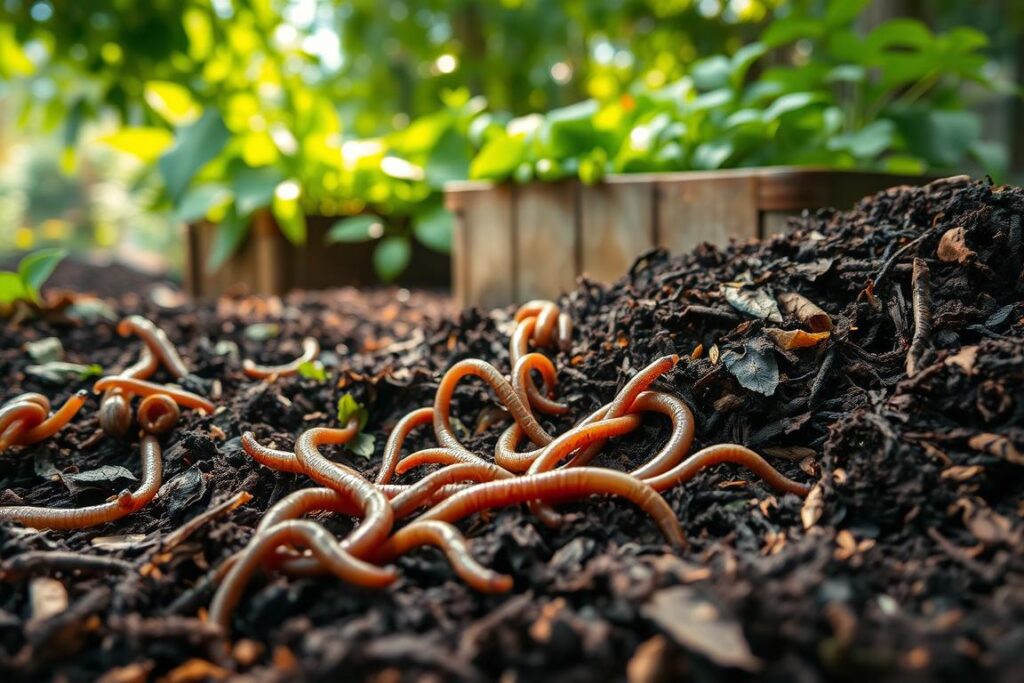 A close-up view of rich, dark, moist substrates suitable for worm cultivation, featuring a variety of organic materials such as shredded leaves, vegetable scraps, and coffee grounds, artistically layered to create a textured surface. In the foreground, a handful of healthy earthworms, wriggling amidst the substrate, conveying a sense of life and activity. The middle ground showcases a small, rustic compost bin filled with vibrant green plant material, hinting at a sustainable ecosystem. The background displays a soft-focus garden environment with dappled sunlight filtering through leaves, enhancing the earthy, natural atmosphere. The scene is warm and inviting, evoking a sense of connection to nature, with a gentle depth of field and natural lighting that highlights the textures and colors of the substrates.