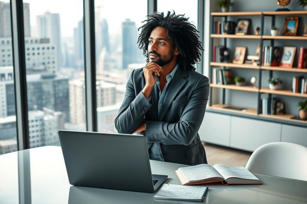 A confident, professional producer stands thoughtfully in a modern office space, dressed in business casual attire. The foreground showcases a sleek desk with a laptop open, displaying creative content, while a notepad filled with ideas rests beside it. In the middle ground, a large window offers a view of a bustling cityscape, symbolizing connectivity and influence. The background features shelves adorned with books and awards, illustrating a successful career. Soft, natural lighting floods the scene, creating an inviting atmosphere and highlighting the producer's reflective expression. The composition focuses on the balance between individuality and collaboration, conveying a sense of purpose and creativity in building a personal brand that resonates with authenticity.