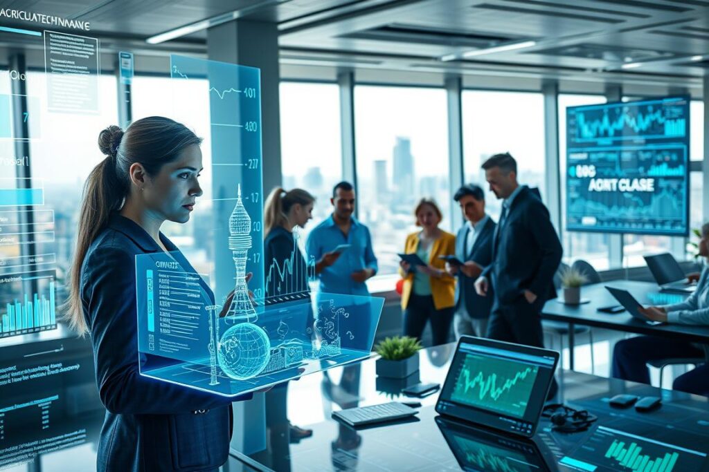 A futuristic workspace filled with digital displays showcasing smart contracts and blockchain technology. In the foreground, a professional businesswoman in smart attire analyzes complex algorithms on a transparent touchscreen, surrounded by holographic representations of contracts and financial graphs. In the middle ground, a diverse team of individuals collaborate, discussing strategies while examining tablets and laptops filled with data and visualizations of agricultural finance. The background features a sleek, modern office space with large windows overlooking a city skyline, bathed in soft natural light. The atmosphere conveys a sense of innovation and teamwork, highlighting the intersection of agriculture and technology in a vibrant, engaging way.