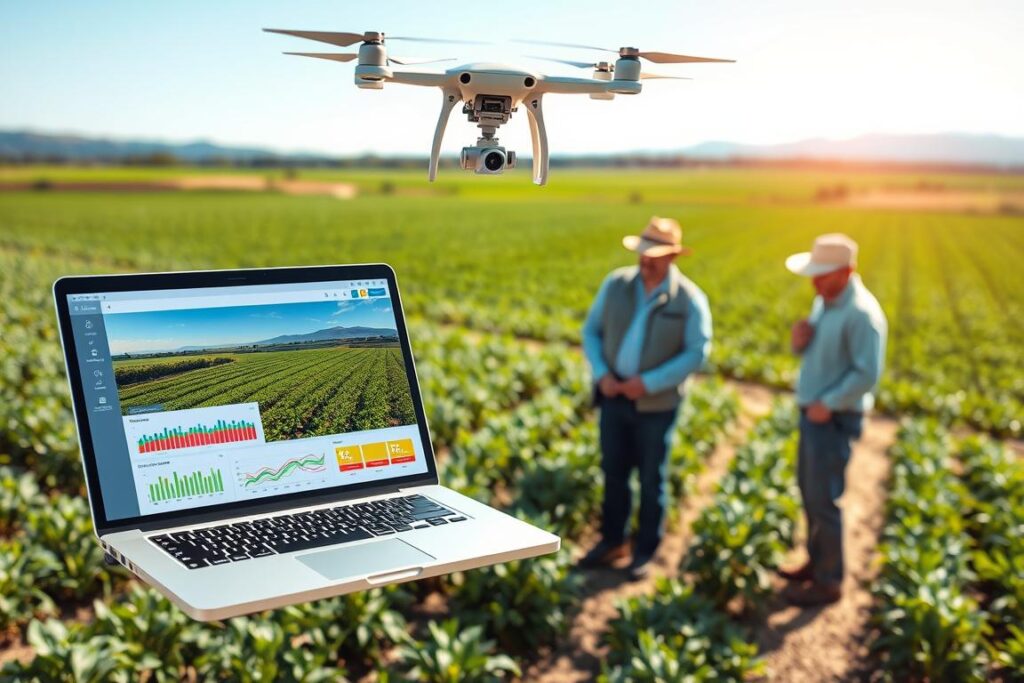 A high-tech agricultural analysis scene featuring a state-of-the-art drone capturing aerial images of vibrant green fields. In the foreground, display a laptop with advanced software interface showing colorful graphs and data analytics overlaying crop images. The middle ground includes the drone hovering above and farmers in professional attire inspecting the data on the laptop, embodying a collaborative atmosphere. The background showcases a panoramic view of farming landscapes under a clear blue sky, with distant mountains for depth. Natural sunlight illuminates the scene, enhancing the colors and creating a feeling of optimism and innovation. The image should convey a sense of modern technology meeting agriculture, emphasizing efficiency and growth.