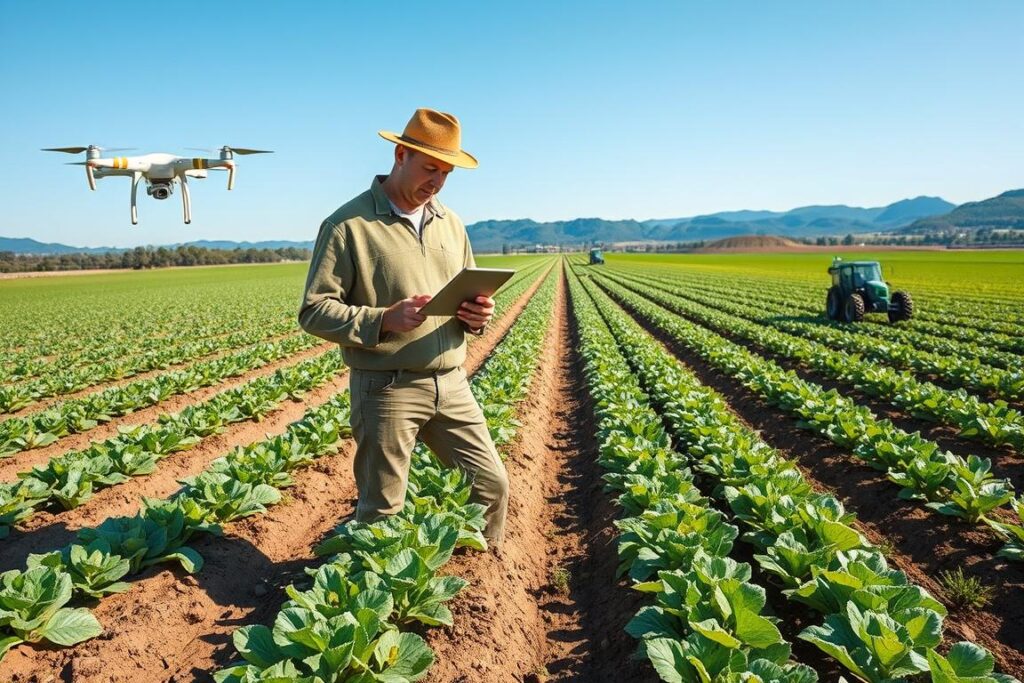 A modern agricultural landscape emphasizing precision farming techniques. In the foreground, a farmer in professional attire examines a field using a tablet, surrounded by advanced agricultural equipment like drones and sensors. The middle ground features rows of healthily cultivated crops, with GPS-guided machinery applying nutrients and water efficiently. In the background, a clear blue sky contrasts against distant hills, symbolizing innovation in farming. Soft natural lighting enhances the vibrant colors of the crops, and the scene is captured from a slightly elevated angle for depth. The atmosphere exudes productivity and technological advancement, reflecting the integration of smart contracts in agriculture.