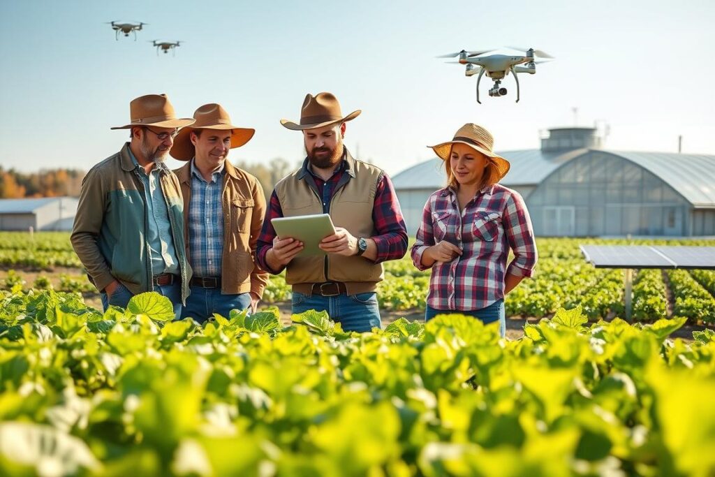 A modern digital farming landscape showcasing small producers engaging with advanced agricultural technology. In the foreground, a diverse group of farmers, dressed in smart casual attire, examine a tablet displaying real-time crop data. In the middle ground, rows of vibrant crops thrive under sunny skies, with drones flying overhead and smart sensors placed strategically throughout the fields. The background features a modern farm with solar panels and connected greenhouses. The scene captures a sense of innovation and collaboration, bathed in warm, natural lighting that adds to the optimistic atmosphere of digital transformation in agriculture. The composition should convey a forward-thinking approach, emphasizing sustainability and smart farming practices.