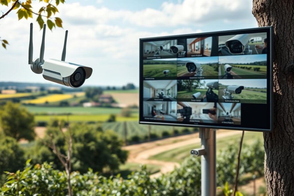 A modern, high-tech surveillance system featuring multiple remote camera setups in a lush, rural environment. In the foreground, a sleek, wireless camera with a rotating lens is mounted on a tree, showcasing its advanced features. In the middle, a large flat-screen monitor displays live feeds from various cameras positioned around a sprawling property, highlighting the integration of technology for remote monitoring. In the background, a serene countryside landscape with a mix of greenery and a distant farm adds depth to the scene. The lighting is bright and natural, emphasizing clarity and focus. The overall mood is calm and professional, illustrating the essential technologies for a remote property care business. The scene should be captured from a slightly elevated angle, showcasing both the camera system and the surrounding environment.