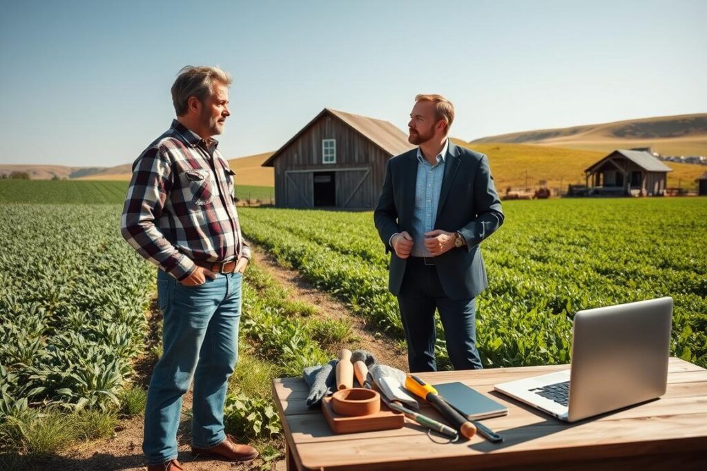 A picturesque rural landscape showcasing a professional interaction between a farmer and an agricultural consultant. In the foreground, the farmer, wearing a modest plaid shirt and jeans, is engaged in conversation with the consultant, who is dressed in a smart business casual outfit. They are standing beside a lush, green field filled with crops, with a rustic barn nearby. The middle ground features farming tools and a laptop on a nearby table, symbolizing modern agricultural management. In the background, rolling hills and a clear blue sky create an inviting atmosphere. The lighting is warm and natural, capturing the essence of a sunny day, while the angle provides a slight depth to the scene, emphasizing their collaborative relationship in rural client management.