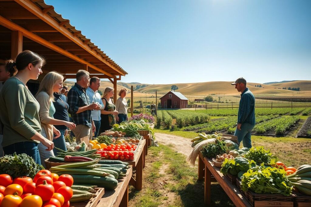 A picturesque scene showcasing direct sales in a small rural setting. In the foreground, a diverse group of people, dressed in smart casual clothing, engage in lively conversations while showcasing homegrown produce at a vibrant farmer's market. Fresh vegetables and fruits are beautifully arranged on rustic wooden tables, emphasizing organic and local products. In the middle ground, a small farm with a charming barn and a variety of plants can be seen, representing the source of these goods. The background features rolling hills under a clear blue sky, with warm sunlight casting a golden glow over the scene to convey a friendly, welcoming atmosphere. Use a wide-angle lens to capture the lively environment, focusing on the interactions and the beauty of local commerce.