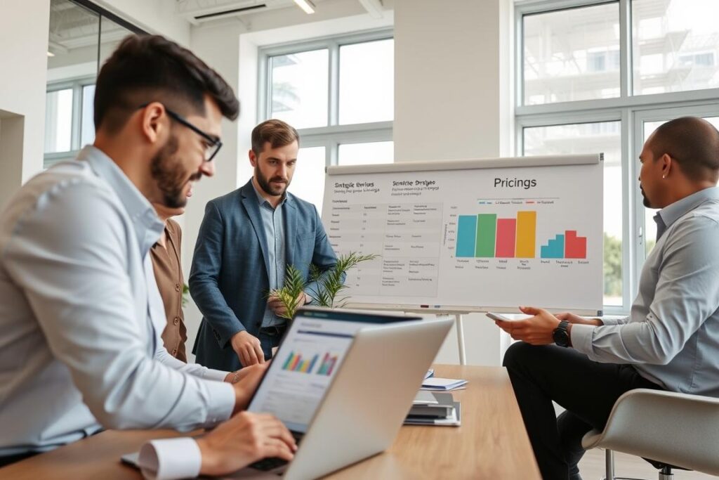 A professional business meeting in a bright, modern office setting, focused on strategic pricing discussions for agricultural services. In the foreground, a diverse group of three professionals—one woman and two men—are intently studying a spreadsheet displayed on a laptop, wearing smart casual attire. In the middle, a large whiteboard with colorful charts illustrating pricing strategies and service packages is visible, while a plant in a pot adds a touch of nature. In the background, large windows allow natural light to flood in, creating an inviting atmosphere. The scene conveys a sense of collaboration and innovation, emphasizing the importance of strategic pricing in agricultural services. Soft, diffused lighting enhances the professional, focused mood of the image.