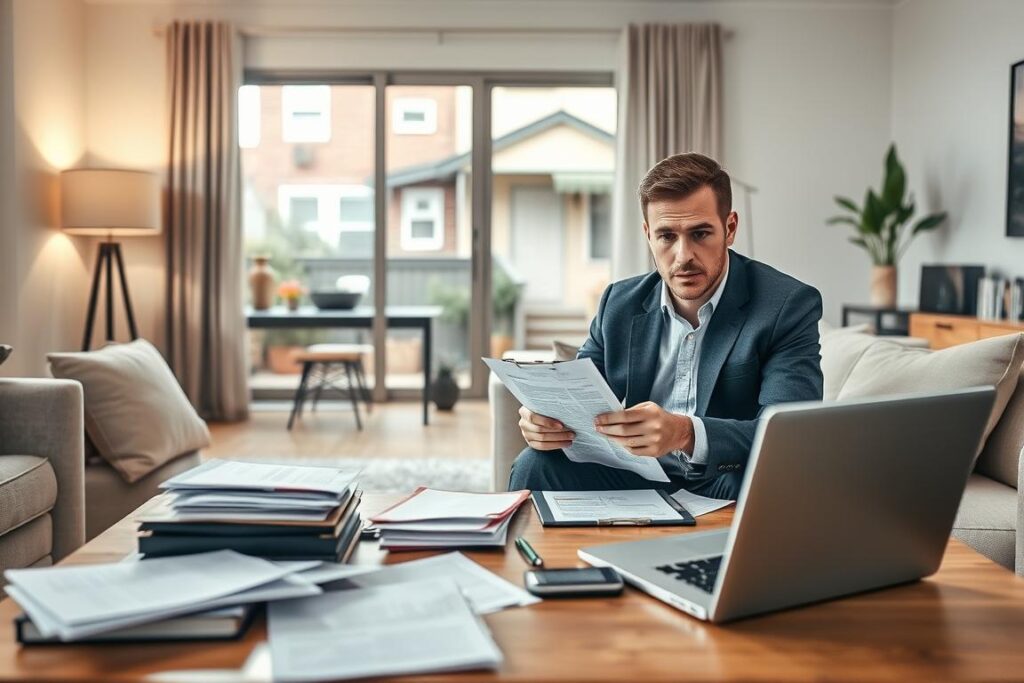 A professional, cozy short-term rental space that captures common challenges of vacation property management. In the foreground, a well-decorated living room with a clean, inviting sofa and a coffee table cluttered with assorted documents and a laptop. The middle ground features an anxious host reviewing guest feedback, dressed in smart casual attire, with a concerned expression, while a clipboard on the table lists maintenance tasks. In the background, a view through a large window reveals the exterior of a charming rental property, set in an urban neighborhood. Soft, natural lighting fills the room, creating a warm atmosphere, with a shallow depth of field focusing on the host. The overall mood reflects the challenges and responsibilities of managing a short-term rental.
