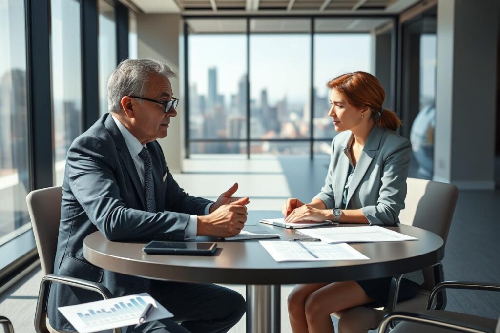 A professional negotiation scene between two businesspeople at a round table, emphasizing a collaborative atmosphere. In the foreground, a middle-aged man in a tailored suit and a woman in a smart blouse engage in discussion, their expressions thoughtful yet assertive. The table is filled with documents and digital devices showing graphs and contracts. In the middle ground, a backdrop of a modern office with large windows displaying a cityscape, indicating an urban environment. The lighting is bright and natural, coming from the windows, casting soft shadows that enhance the serious yet optimistic mood of the negotiation. No overt signage or decoration, focusing solely on the interaction and body language of the negotiators.
