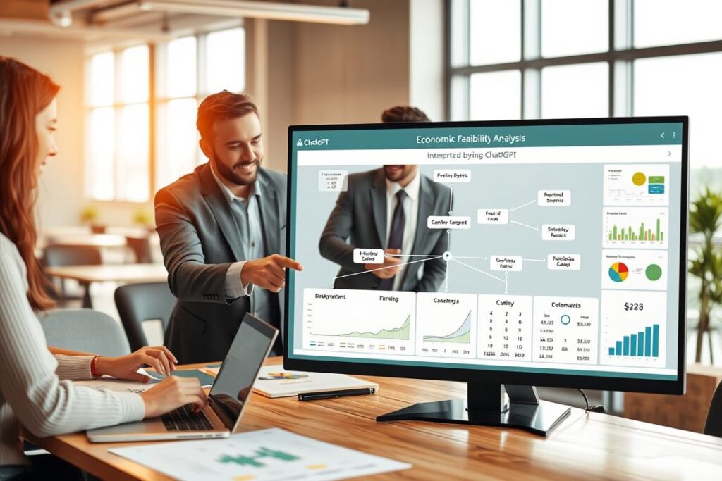 A professional setting depicting a detailed economic feasibility analysis using ChatGPT. In the foreground, a diverse group of three professionals, dressed in business attire, are collaborating around a modern table with laptops and charts. One person points at a digital screen displaying graphs and data interpreted by ChatGPT. In the middle, an illustrated flowchart connecting various farming scenarios with projected costs and outcomes emerges from the screen. The background shows a bright office environment with large windows letting in soft natural light, enhancing a productive atmosphere. The image conveys focus, collaboration, and innovation in agricultural planning, with warm colors and clear lines giving an optimistic feel.