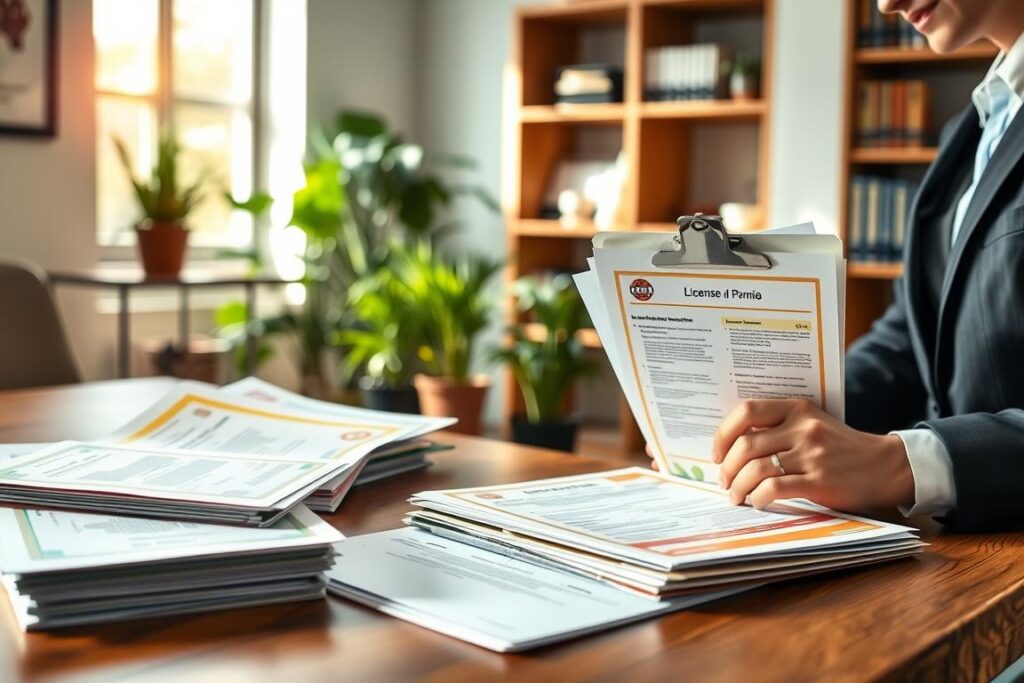 A professional setting showcasing various licenses and permits for pet food production. In the foreground, a wooden desk with neatly organized documents, highlighting colorful food production licenses and regulatory papers related to pet nutrition. In the middle, a pair of hands in business attire holding a clipboard, reviewing the licenses with a focused expression. The background features a softly blurred office environment, with green plants symbolizing the horticultural aspect, and shelf units filled with books on pet care and agriculture. Natural daylight streams in from a nearby window, creating a warm, inviting atmosphere that emphasizes professionalism and attention to legality in pet food production. The composition should evoke a sense of responsibility and regulatory compliance.