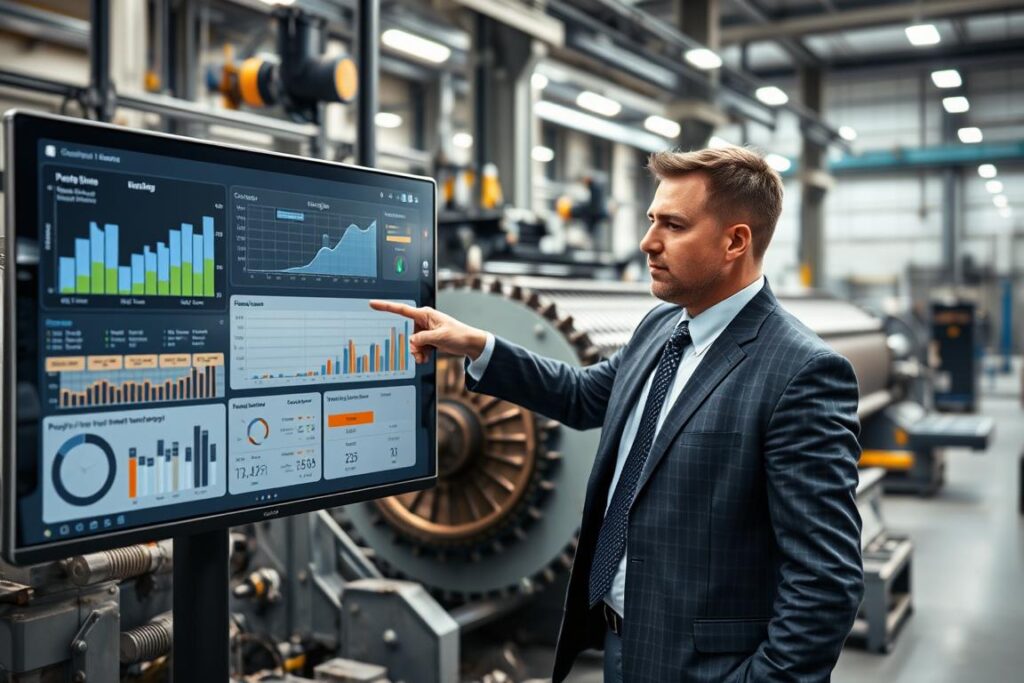 A professional technician examining a digital dashboard filled with predictive maintenance data from affordable sensors, showcasing graphs and metrics that highlight common challenges in predictive maintenance. In the foreground, the technician, dressed in smart business attire, is pointing at the data. In the middle ground, an industrial machine looms, exhibiting signs of wear, emphasizing the urgency of monitoring. The background features a well-lit factory environment with machinery and tools, hinting at advanced technology. Soft, ambient lighting creates a serious yet hopeful atmosphere, suggesting innovation and problem-solving. The composition should be captured with a slightly elevated angle to focus on the technician and the digital interface, conveying an atmosphere of expertise and proactive maintenance strategies.