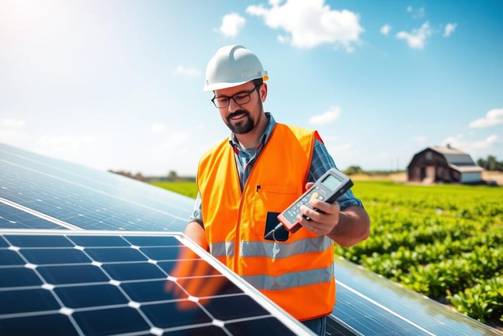 A professional technician in a hard hat and safety vest is carefully inspecting a solar panel array on a sunny rural farm. In the foreground, the technician is holding a multimeter, analyzing the performance of the panels, which are arranged neatly on a roof and in the field. The middle ground features green agricultural fields shimmering under bright sunlight, with a barn in the distance. The background showcases a clear blue sky dotted with a few fluffy clouds. The lighting is vibrant, casting soft shadows that emphasize the technician’s focused expression. This scene conveys diligence and professionalism, illustrating the maintenance and durability of photovoltaic systems in an agricultural setting.