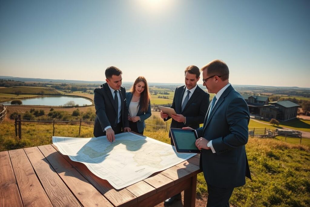 A scenic rural property consulting scene. In the foreground, a diverse group of professionals in smart business attire, discussing a property sale. One is pointing at a large map spread on a wooden table, while another is holding a tablet displaying legal and environmental details. The middle ground features a picturesque rural landscape with rolling hills, a serene lake, and lush greenery. The background displays a rustic farmhouse and farmland, under a clear blue sky lit by warm sunlight. Capture this moment with a soft focus lens to evoke an atmosphere of professionalism and trust. The mood is collaborative and informative, reflecting the themes of legal and environmental considerations in rural property transactions.