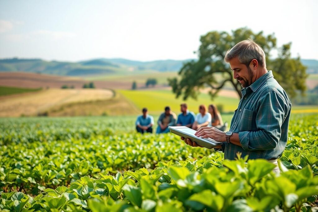 A serene agricultural landscape featuring a small producer's farm in the foreground. A farmer, dressed in modest casual clothing, is examining digital financial charts on a tablet, illustrating their use of DeFi for emergency reserves. Surrounding them are lush green fields with crops, symbolizing growth and sustainability. In the middle ground, a group of diverse small farmers discuss ideas collaboratively while seated under a large tree, representing community and knowledge sharing. The background showcases distant rolling hills with a clear blue sky, hinting at a sense of opportunity and hope. Soft, natural lighting enhances the peaceful and productive atmosphere, while a slightly elevated angle captures the expansive view of the farm and its surroundings, evoking a sense of empowerment in utilizing technology for financial stability.