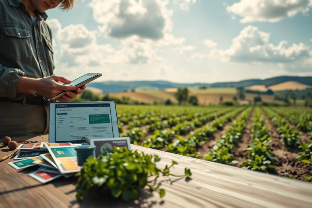 A serene agricultural landscape showcasing a small, well-maintained farm. In the foreground, a wooden table is covered with colorful seed packets and gardening tools, symbolizing preparation for planting. To the left, a person in modest casual clothing studies a tablet with ChatGPT open, taking notes. In the middle ground, rows of healthy crops are neatly planted, illustrating diverse plant varieties. The background reveals rolling hills under a soft blue sky, with fluffy white clouds, bathed in warm sunlight, creating an inviting atmosphere. The scene is captured from a slight angle to create depth, emphasizing the harmony between technology and nature in small-scale farming.