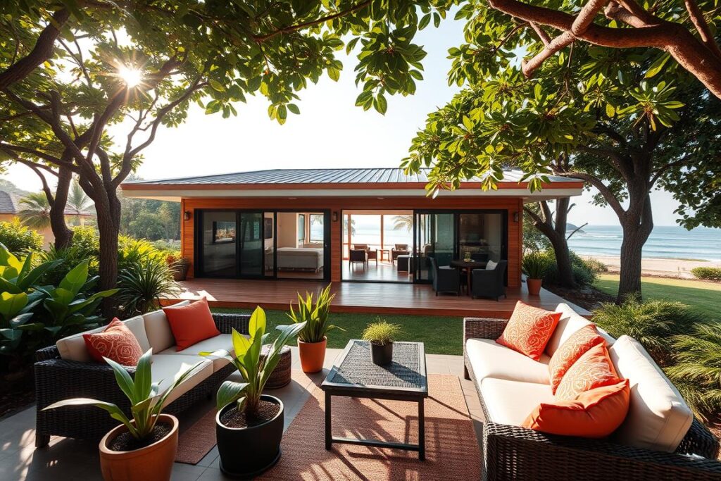 A serene and inviting vacation rental property set in a charming Brazilian coastal town. In the foreground, a stylish outdoor seating area with comfortable furniture, potted tropical plants, and vibrant cushions creates a welcoming atmosphere. The middle ground features a well-maintained, modern house with wooden accents and large windows, showcasing a spacious interior filled with soft, natural light. In the background, lush greenery and the distant beach evoke a relaxing getaway vibe. Soft sunlight filters through the trees, casting gentle shadows and highlighting the peaceful environment. The image conveys a sense of tranquility and professionalism, reflecting the legal and regulatory aspects of short-term renting in Brazil. Use a wide-angle lens to capture the entirety of the scene with a focus on warm, inviting colors.