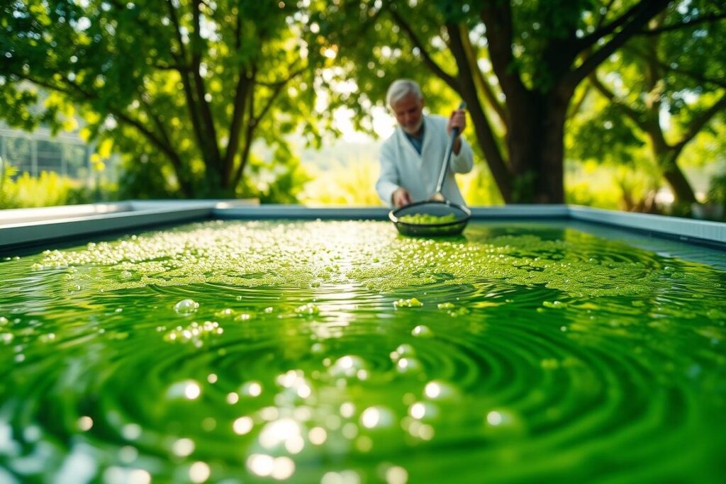 A serene aquaculture scene showcasing a spirulina farm in a simple rectangular tank. In the foreground, the tank is filled with vibrant green spirulina algae, creating a dense, swirling surface. Delicate bubbles rise to the surface, reflecting sunlight. In the middle ground, a researcher, dressed in professional attire, gently scoops a sample of the algae with a net, appearing focused and knowledgeable. The background features lush greenery, hinting at a serene, natural environment with gentle sunlight illuminating the scene. The atmosphere evokes a sense of tranquility and sustainability, as sunlight filters through the trees, casting soft shadows on the tank. The lens captures a slightly elevated angle, emphasizing the vibrant colors and the active process of spirulina cultivation.