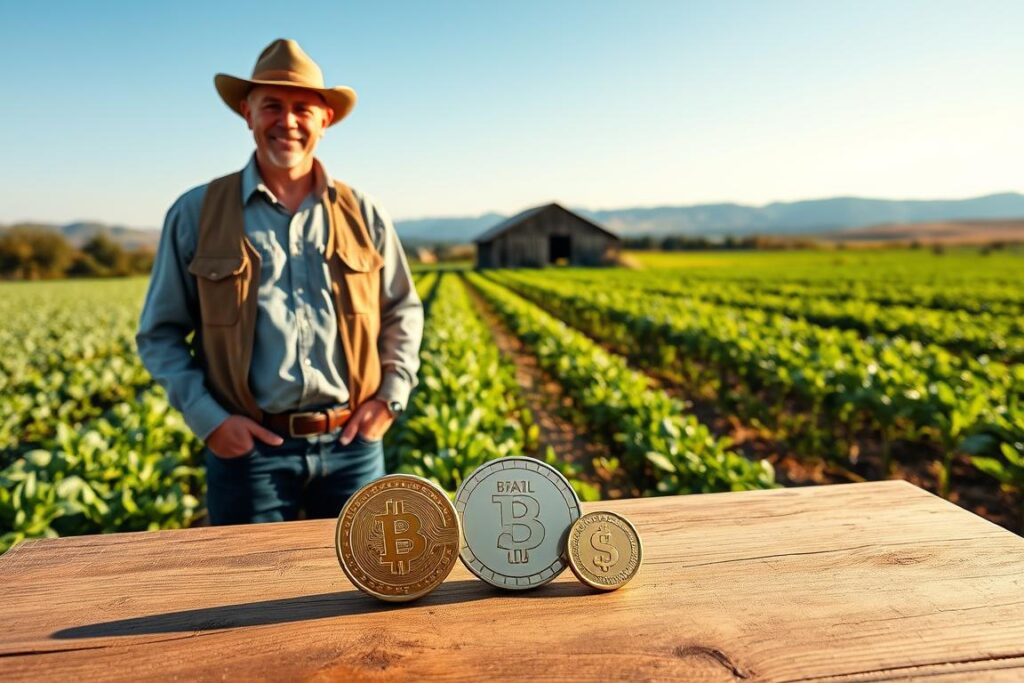 A serene rural landscape featuring a successful farmer in professional attire, standing confidently in front of thriving fields. In the foreground, a wooden table displays three coins symbolizing the three currencies: Brazilian Real, US Dollar, and a Stablecoin. The middle ground showcases lush green crops, while a clear blue sky adds a warm atmosphere. In the background, an old barn and distant rolling hills emphasize the peaceful rural setting. Soft, warm sunlight filters through the scene, creating a motivational and positive vibe. The camera angle captures the farmer’s pride and dedication to innovative financial management in agriculture, highlighting a sense of accomplishment and prosperity. No text, logos, or watermarks in the image.