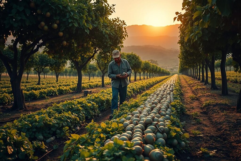A serene small farm setting in Brazil showcasing a thriving snail farm. In the foreground, a lush green patch of land dotted with various grape and apple trees, providing natural shade. In the middle ground, a farmer in modest casual clothing tending to rows of snails, gently lifting a handful to inspect their growth. The background displays a picturesque landscape of rolling hills under a warm, golden sunset, casting soft light on the scene. The atmosphere is tranquil and inviting, emphasizing the potential of small-scale snail farming. Capture the moment with a warm color palette, using a slightly angled perspective to highlight both the snails and the farmer's engagement with them, evoking a sense of success and hope.