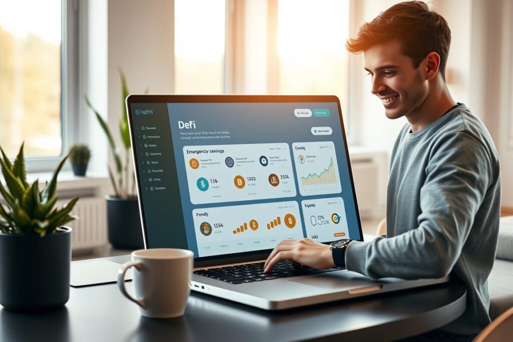 A user-friendly DeFi platform interface displayed on a modern laptop screen, set on a sleek desk with a plant and a coffee mug. In the foreground, a young professional in modest casual clothing, examining the platform with an enthusiastic expression, symbolizing beginners exploring DeFi. The middle ground features graphical representations of cryptocurrency icons and friendly charts, illustrating the concept of using DeFi for emergency savings. In the background, a well-lit room with large windows showing a sunny day, creating an inviting and optimistic atmosphere. Soft, warm lighting enhances the scene, emphasizing a sense of security and accessibility in the world of decentralized finance.