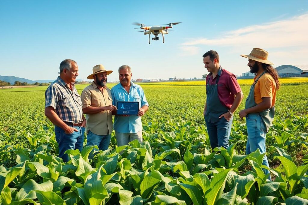 A vibrant agricultural scene in Brazil showcasing blockchain technology's impact on farming. In the foreground, a diverse group of farmers in modest casual clothing discuss and point at a tablet displaying a blockchain interface, symbolizing transparency and traceability. In the middle ground, lush green fields of crops, such as soybeans and corn, stretch out, interspersed with drones to represent technological advancement. In the background, a clear blue sky and a distant view of a modern agricultural facility highlight the connection between tradition and innovation. The setting is bathed in warm, natural lighting, capturing a hopeful, forward-looking atmosphere that emphasizes community and progress in Brazilian agriculture. The composition should convey a sense of collaboration and the blending of conventional farming with modern technology.