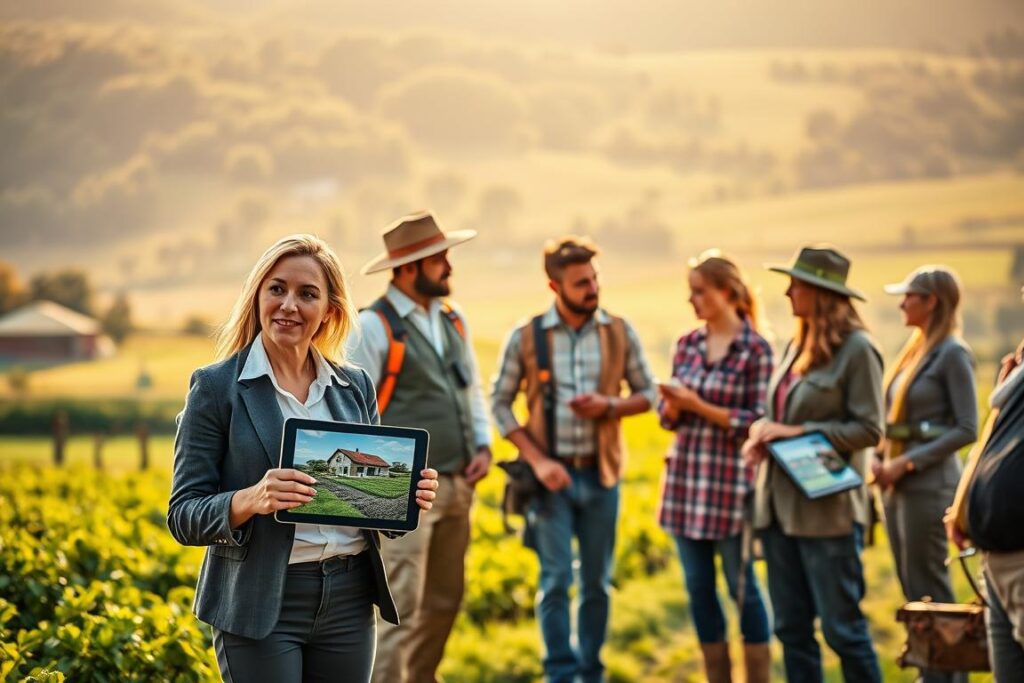 A vibrant and engaging scene illustrating a diverse group of professionals collaborating to build a network of trustworthy service providers for rural property care. In the foreground, a confident woman in business casual attire discusses plans with a man in professional attire, both holding digital tablets with agricultural imagery displayed. In the middle ground, a diverse team of service providers engages in conversation, showcasing their skills and specialties, like gardening, maintenance, and animal care. The background features lush countryside with a farm and a serene landscape, bathed in warm afternoon sunlight. The overall atmosphere is one of teamwork, innovation, and community, emphasizing the concept of building reliable service networks in rural settings. The composition should have a slightly angled perspective, enhancing the sense of depth and collaboration.