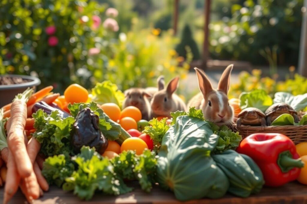 A vibrant and inviting display of exotic vegetables and leafy greens tailored for pets, particularly rabbits and other exotic animals. In the foreground, a variety of colorful, freshly harvested vegetables, such as carrots, kale, and bell peppers, arranged artfully on a rustic wooden table. In the middle ground, a curious rabbit eagerly nibbling on a piece of lettuce, while a few exotic pets, like a guinea pig and a small turtle, peek curiously. The background features a lush garden setting, bathed in warm sunlight that casts soft shadows, creating a cheerful atmosphere. The scene is captured from a slightly elevated angle, emphasizing the vibrant colors and textures of the produce. The overall mood is lively and wholesome, reflecting a thriving market for exotic pet nutrition.