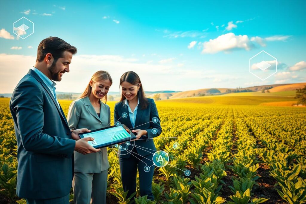 A vibrant, detailed scene depicting an agricultural landscape integrated with blockchain technology. In the foreground, a diverse group of professionals in business attire collaborate over a digital tablet, showcasing data and smart contract elements related to crops. In the middle ground, flourishing fields of crops, with visible blockchain nodes illustrated connecting to the plants, symbolizing transparency and profit-sharing. The background features a bright blue sky with subtle clouds and rolling hills, embodying the harmony of nature and technology. Use warm lighting to create an inviting and optimistic atmosphere, capturing a sense of innovation in agriculture. Employ a wide-angle lens to encompass the entire landscape, emphasizing the fusion of agriculture and blockchain solutions.